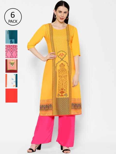 

7Threads Women Pack Of 6 Printed A-Line Kurtas, Multi
