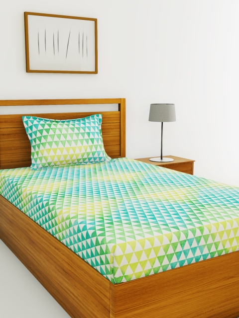

BIANCA Green & White Geometric 110 TC Cotton 1 Single Bedsheet with 1 Pillow Covers