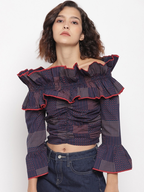 

LA LOFT Women Navy Blue Printed Crop Bardot Top