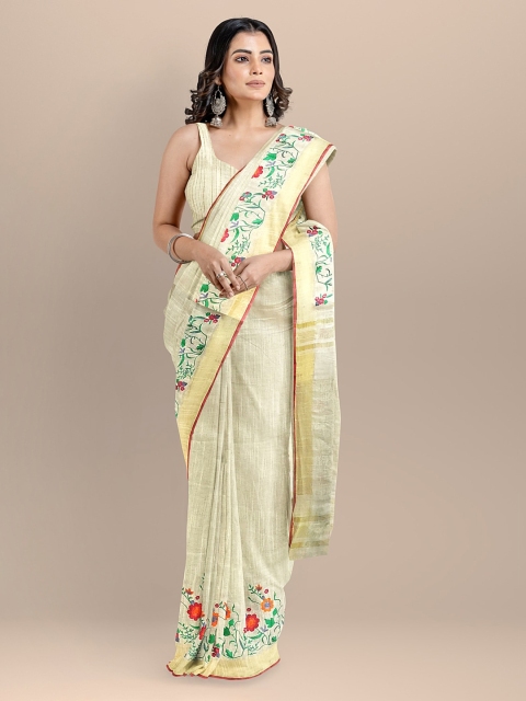 

BharatSthali Cream-Coloured Pure Linen Woven Design Bhagalpuri Handloom Saree