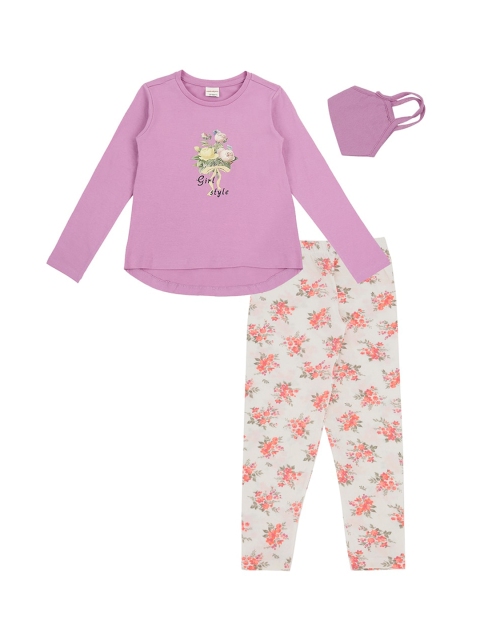 

RAINE AND JAINE Girls Purple & Beige Printed Clothing Set With Face Mask
