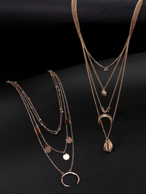 

Yellow Chimes Set Of 2 Rose Gold-Plated Western Style Multi Layer Chain Necklace