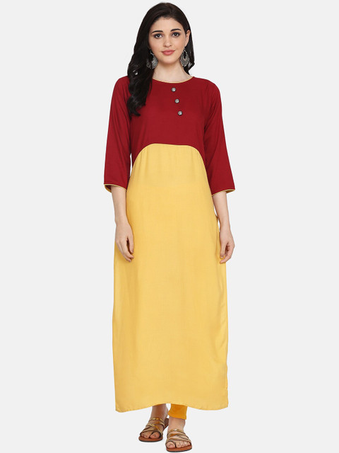

Saanjh Women Maroon & Yellow Colourblocked A-Line Kurta