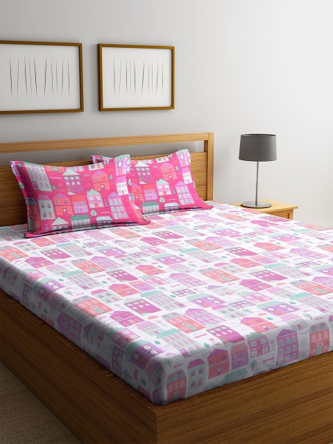 

BOMBAY DYEING Pink & White Printed 104 TC 1 Queen Bedsheet With 2 Pillow Covers