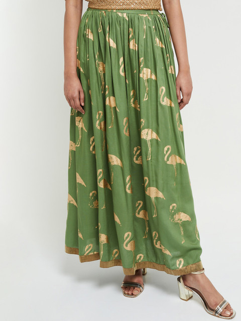 

max Women Green & Gold-Coloured Printed Flared Maxi Skirt