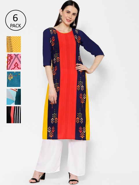 

7Threads Women Pack Of 6 Multicoloured Printed Straight Kurtas, Multi