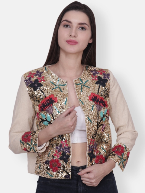 

Diwaah Women Beige & Red Sequin Embellished Open Front Jacket