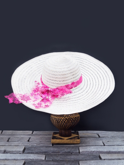 

Golden Peacock Women White Woven-Design Straw Sun Hat