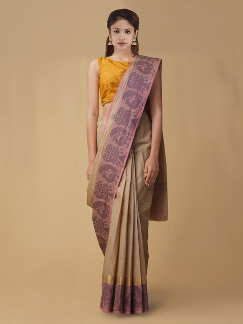 

Unnati Silks Cream-Coloured Printed Handcrafted Pure Cotton Saree