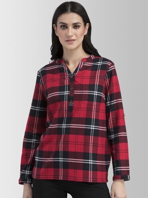 

FableStreet Women Red Checked Shirt Style Pure Cotton Top