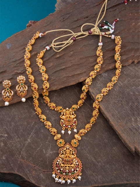 

Alankruthi Gold-Plated Red & Green Stone-Studded Textured Goddess Laxmi Temple Jewellery Set