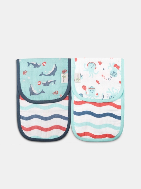 

Kaarpas Infant Kids Pack of 2 White & Blue Printed Organic Muslin Cotton With Chemical-Free Dyes Burping Clothes