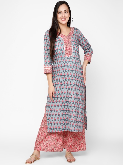

Molcha Women Grey & Pink Printed Kurta with Palazzos