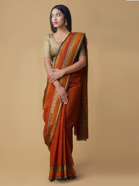 

Unnati Silks Orange Solid Pure Cotton Handloom Saree