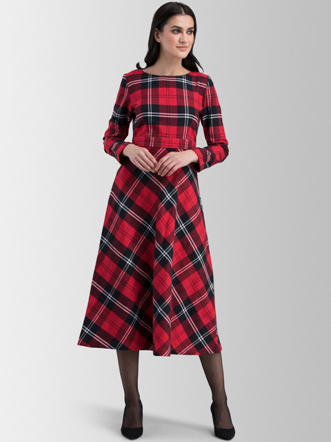 

FableStreet Women Red Checked Fit and Flare Dress