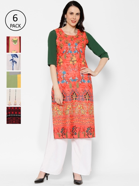 

7Threads Women Pack Of 6 Multicoloured Printed Straight Kurtas, Multi