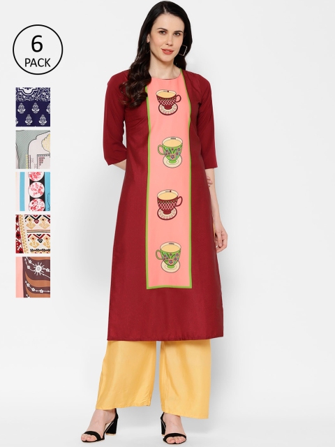 

7Threads Women Pack Of 6 Multicoloured Printed Straight Kurtas, Multi