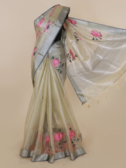 

Pothys Cream-Coloured & Pink Polycotton Printed Saree