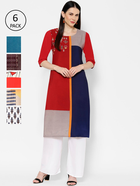 

7Threads Women Pack Of 6 Multicoloured Printed Straight Kurtas, Multi