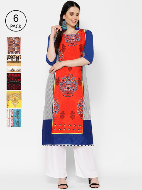

7Threads Women Pack Of 6 Printed Straight Kurtas, Multi