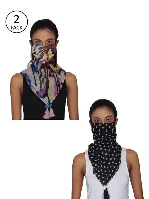 

Anekaant Women Pack Of 2 Printed 3-Ply Reusable Scarf Style Fashion Masks, Black