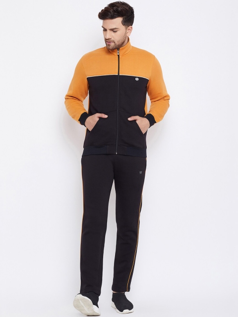 

Bishop Cotton Men Mustard Yellow & Black Colourblocked Tracksuit