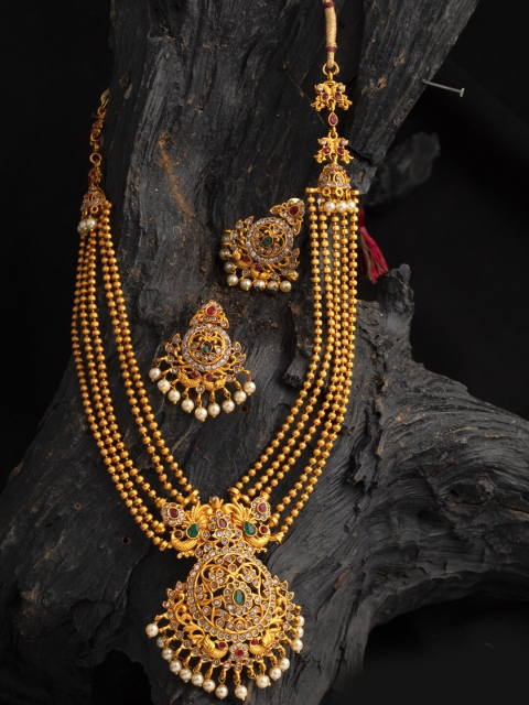 

Alankruthi Gold-Plated Red & Green Cubic Zircone Studded Sustainable Jewellery Set