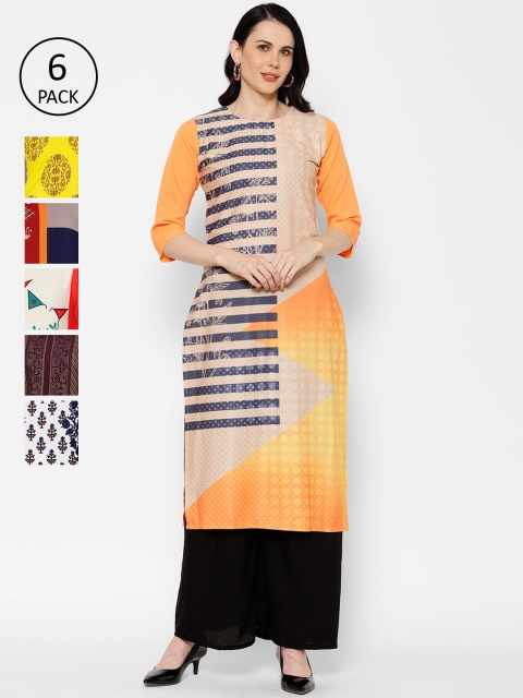 

7Threads Women Pack Of 6 Multicoloured Printed Straight Kurtas, Multi