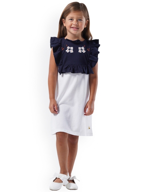 

Cherry Crumble Girls Navy Blue & White Colourblocked Fit and Flare Dress
