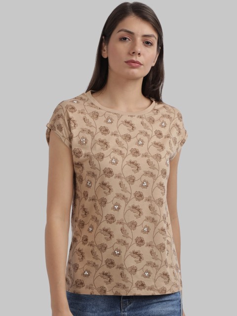 

Parx Women Beige Printed V-Neck T-shirt