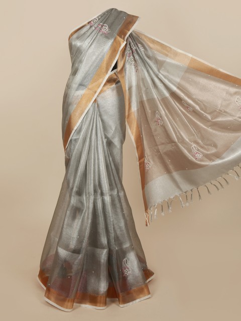 

Pothys Silver-Toned Embroidered Pure Cotton Saree
