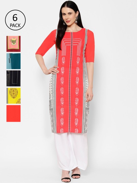 

7Threads Women Pack Of 6 Multicoloured Printed Straight Kurtas, Multi