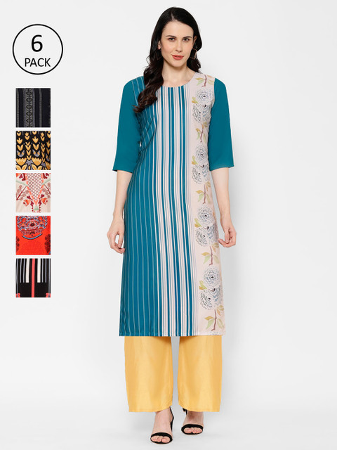 

7Threads Women Pack Of 6 Multicoloured Printed Straight Kurtas, Multi