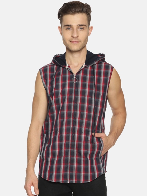 

IVOC Men Red & Black Regular Fit Cotton Checked Hooded Casual Shirt