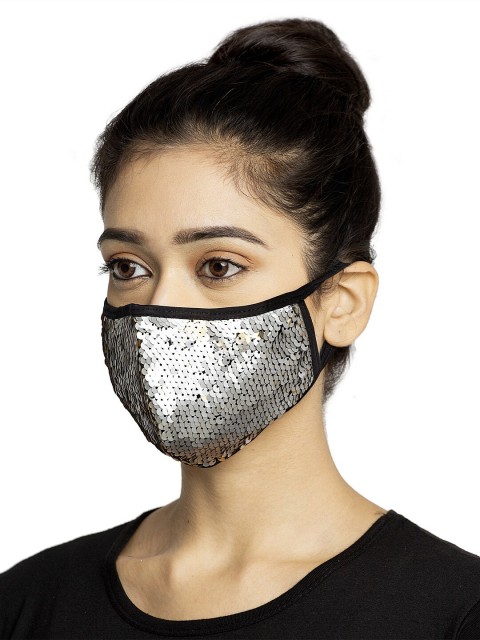 

TREEMODA Women Silver-Colored & Black Embellished 3-ply Reusable Cloth Face Mask