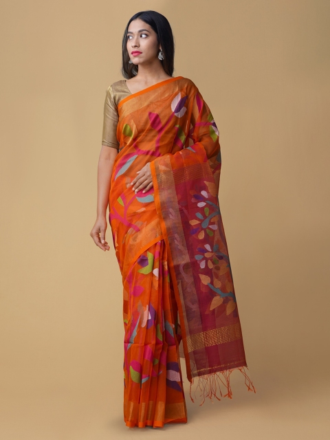 

Unnati Silks Orange & Pink Silk Cotton Woven Design Maheshwari Saree