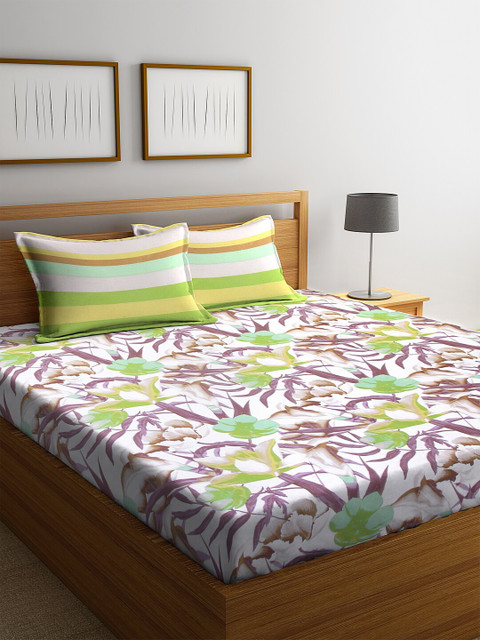 

BOMBAY DYEING Green & White Floral 104 TC Double Queen Bedsheet With Striped 2 Pillow Covers