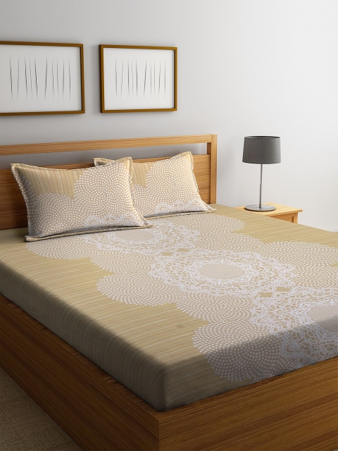 

BOMBAY DYEING Beige & White Floral Printed 104 TC Cotton Double Queen Bedsheet With 2 Pillow Covers