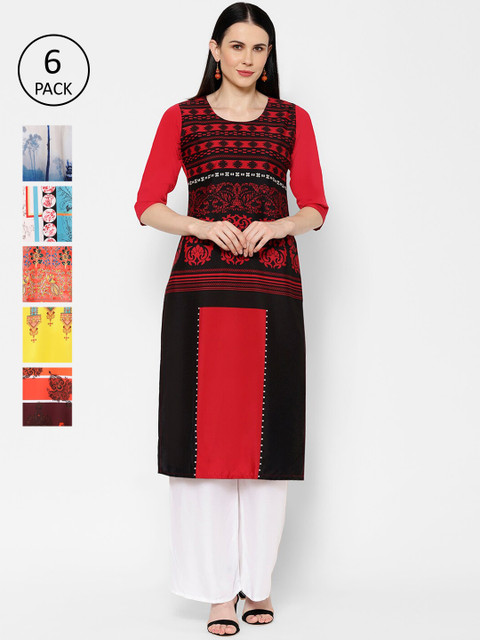 

7Threads Women Pack Of 6 Multicoloured Printed Straight Kurtas, Multi