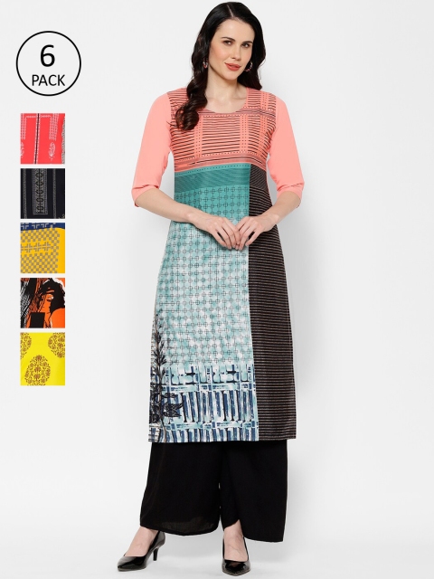 

7Threads Women Pack Of 6 Multicoloured Printed Straight Kurtas, Multi