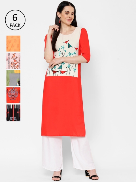 

7Threads Women Pack Of 6 Multicoloured Printed Straight Kurtas, Multi