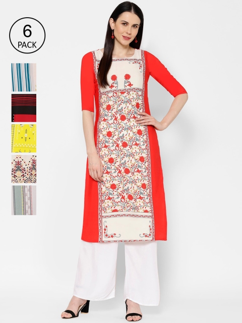 

7Threads Women Pack Of 6 Printed Straight Kurtas, Multi