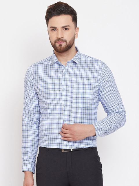 

Canary London Men White & Navy Blue Slim Fit Checked Formal Shirt
