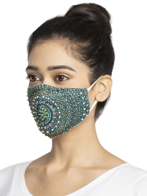 

TREEMODA Women Turquoise Blue Beaded 3-Ply Reusable Cloth Masks