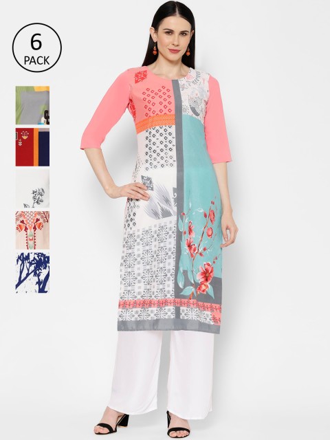 

7Threads Women Pack Of 6 Printed Straight Kurtas, Multi