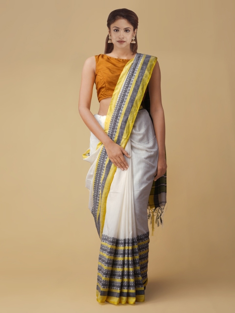 

Unnati Silks White & Navy Blue Pure Linen Solid Jamdani Saree