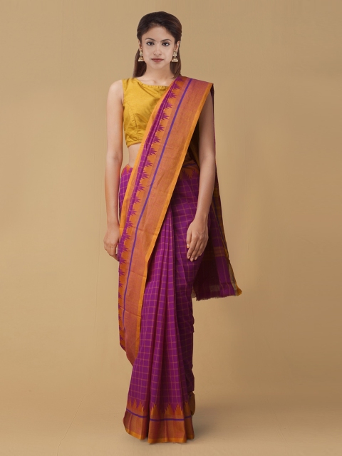 

Unnati Silks Purple Checked Handcrafted Pure Cotton Saree