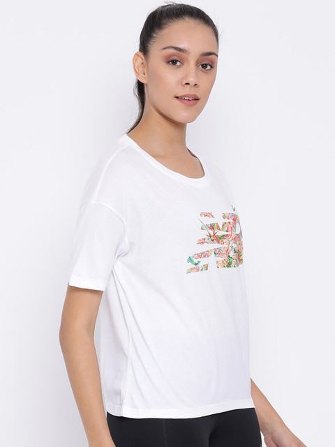 

New Balance Women White Printed Round Neck T-shirt
