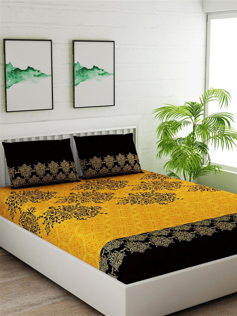 

Salona Bichona Yellow & Black Ethnic Motifs 120 TC Cotton 1 King Bedsheet With 2 Pillow Covers