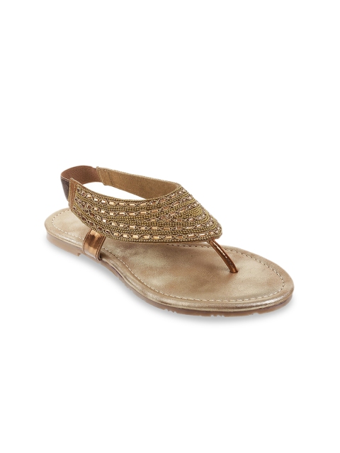 

Metro Women Gold-Toned Embellished T-Strap Flats